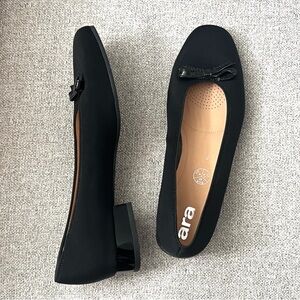 NEW ara Black Ballet Flats with Bow Trim Block Heel Size 9 Classic Cute Simple